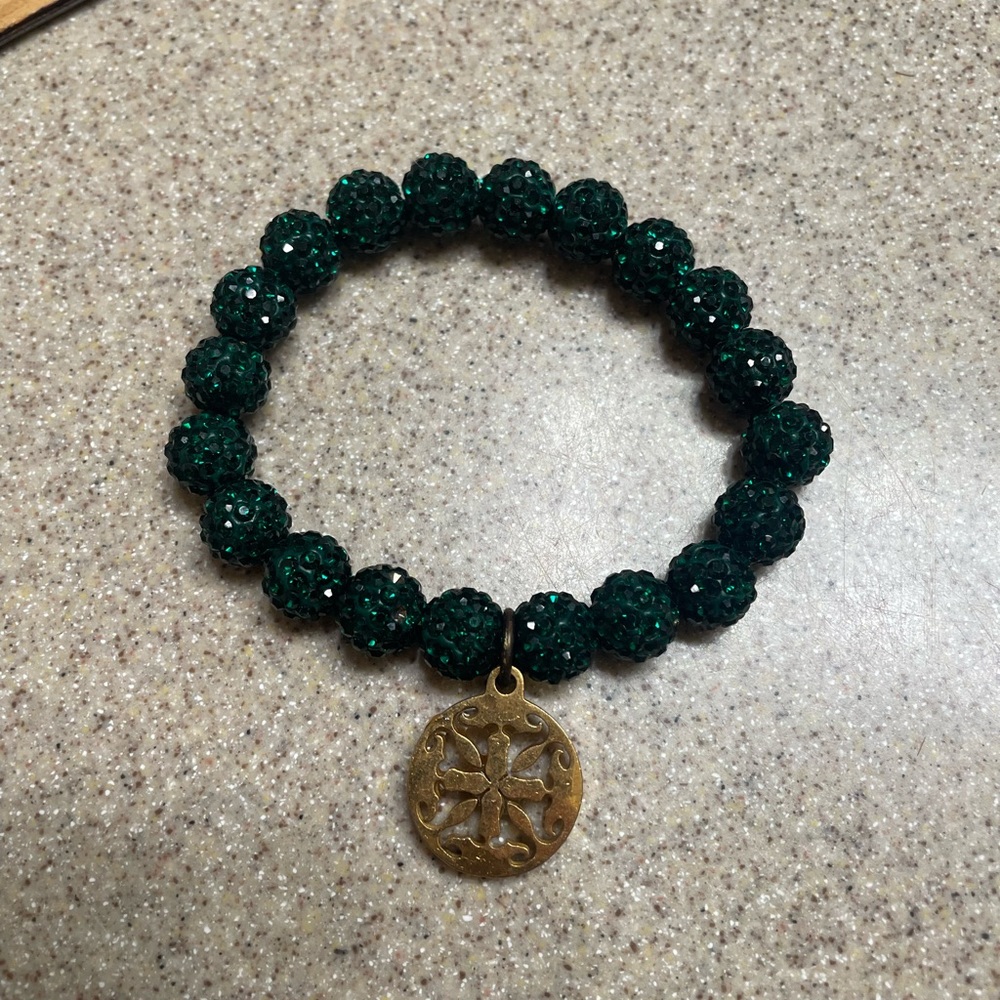 Rustic Cuff Emerald Green Crystal Beaded Bracelet with Gold Charm